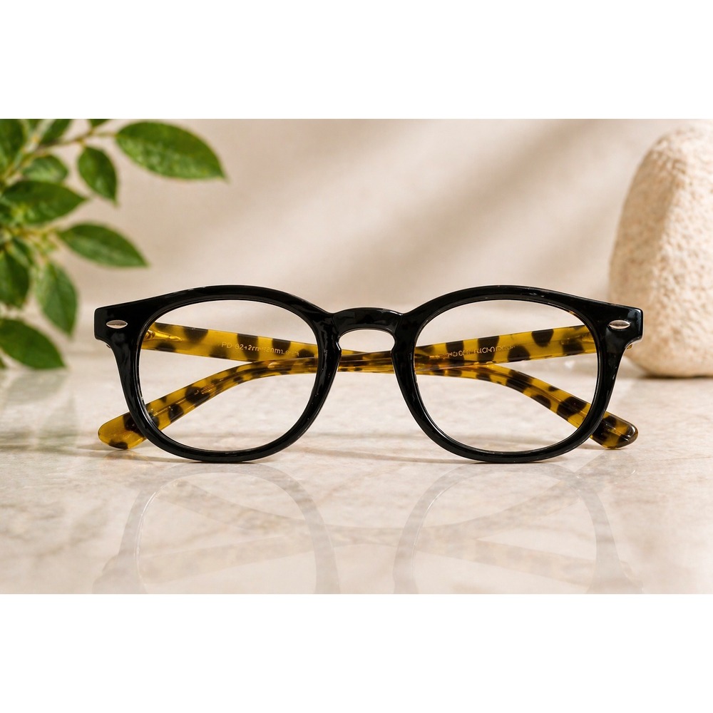 Black and Leopard Tortoiseshell Round Eyeglass‎ Frames PD 62mm (FRAMES ONLY)